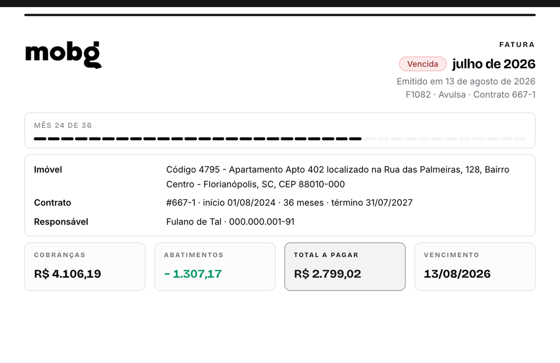 Topo do boleto interno da Mobg, exemplo fictício